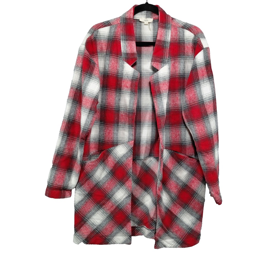 Entro Plaid Fleece Open Front Long Jacket Women's LG Red Gray Checkered